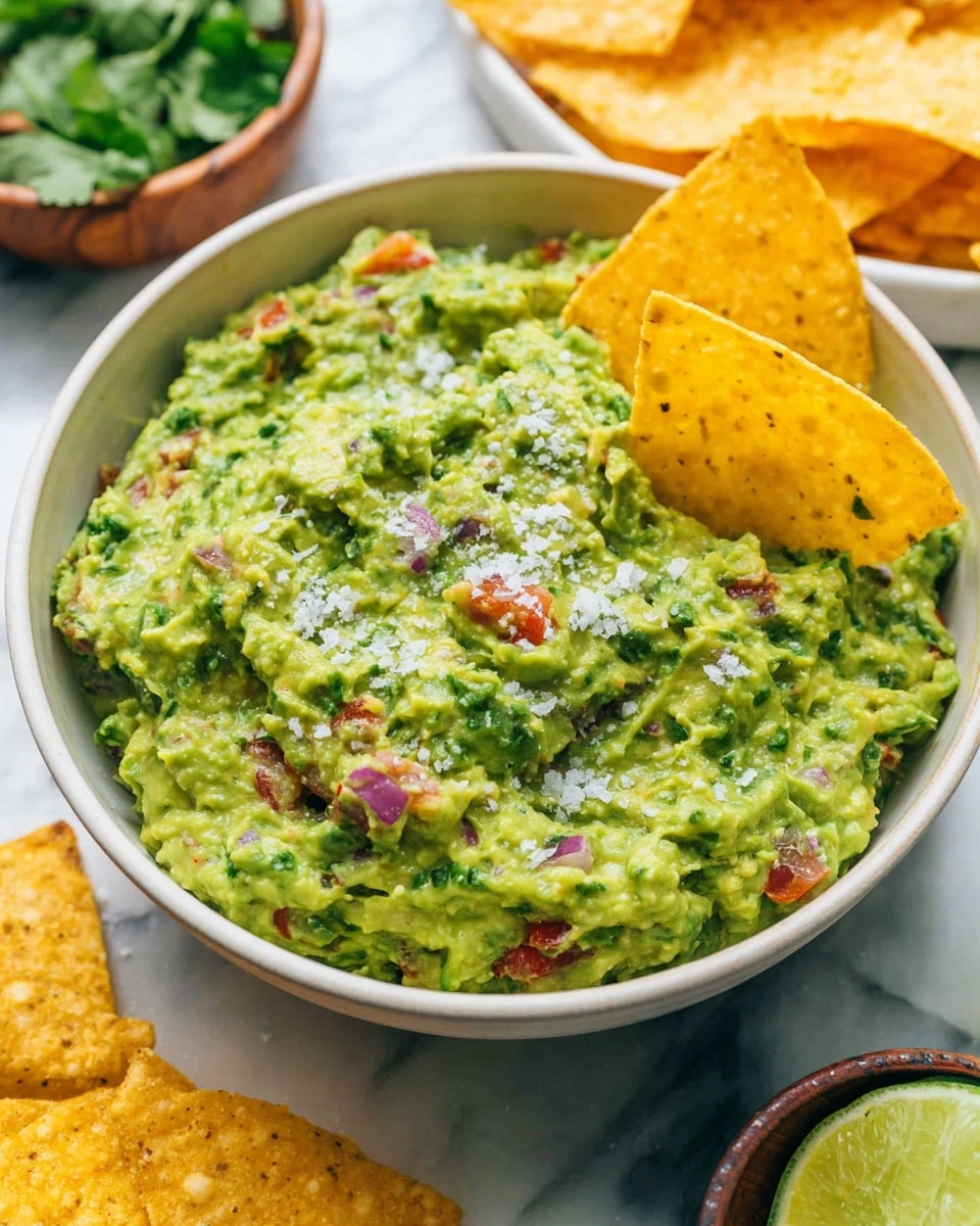 A close-up view of a white bowl filled with chunky green guacamole, showing visible pieces of red tomato and purple onion mixed throughout. Two golden-yellow tortilla chips are dipped into the guacamole, both coated lightly with coarse salt. The bowl sits on a white marbled surface, and in the background, there are more tortilla chips in a white bowl and some fresh green cilantro along with lime wedges in a small wooden bowl. The overall scene looks fresh and colorful, with a focus on the creamy texture and mixed ingredients of the guacamole. Photo taken with an iphone --ar 4:5 --v 7