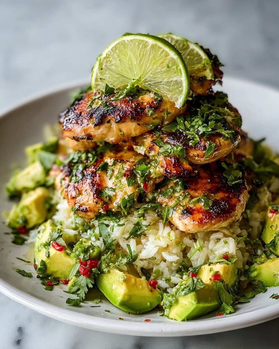 A white plate holds a dish with three grilled chicken pieces stacked on top of each other, each piece having a golden-brown, slightly charred texture with green chopped herbs sprinkled over them. On top of the stack are two thin lime slices, showing their bright green color and juicy texture. Around the chicken at the base layer, there is a bed of slightly fluffy white rice mixed with small green herb pieces. Scattered on the rice and around the plate are chunky slices of bright green avocado mixed with small bits of red chili flakes and herbs. The whole dish is placed on a white marbled textured surface. photo taken with an iphone --ar 4:5 --v 7