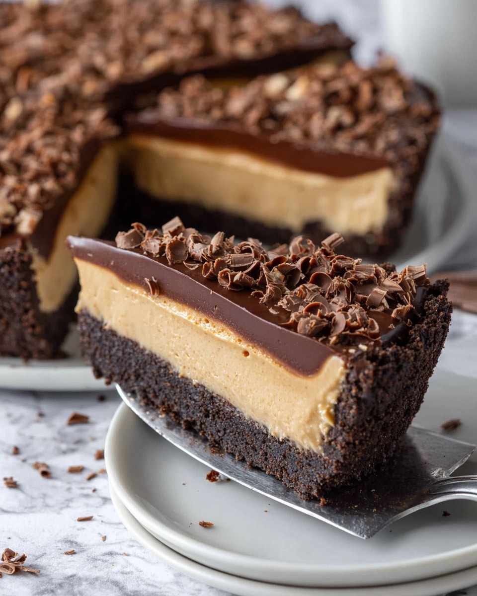 A round cake with three visible layers sits on a white plate atop a metal ring on a white marbled surface with a striped cloth beneath. The bottom layer is dark brown, crumbly crust with a rough texture. Above that is a lighter brown, smooth creamy layer with slight cracking at the edges. The top layer is shiny dark chocolate ganache, covered thickly with many small, curled chocolate shavings all over. In the background are three clear glass cups filled with black coffee, two tall and one short on a white plate, along with a few round chocolate balls scattered nearby. photo taken with an iphone --ar 4:5 --v 7