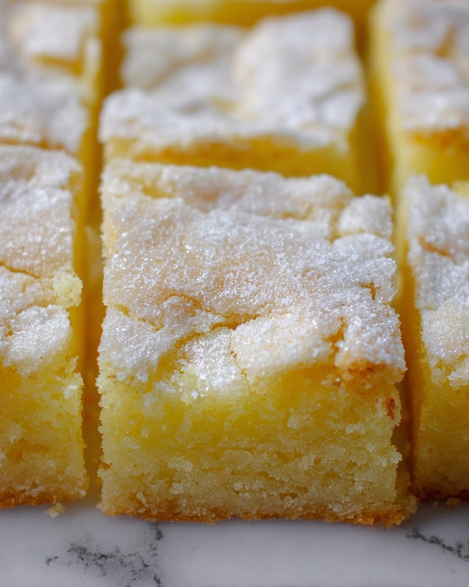 The image shows a close-up of a square dessert cut into smaller square pieces, arranged closely together. The dessert has two visible layers: the bottom layer is a soft, yellowish cake with a moist and spongy texture, while the top layer is a lighter, flaky crust with a slightly cracked surface and a powdery white sugar coating. The layers are uniform with the crust sitting thinly on top of the cake base. The dessert is resting on a white marbled surface. photo taken with an iphone --ar 4:5 --v 7