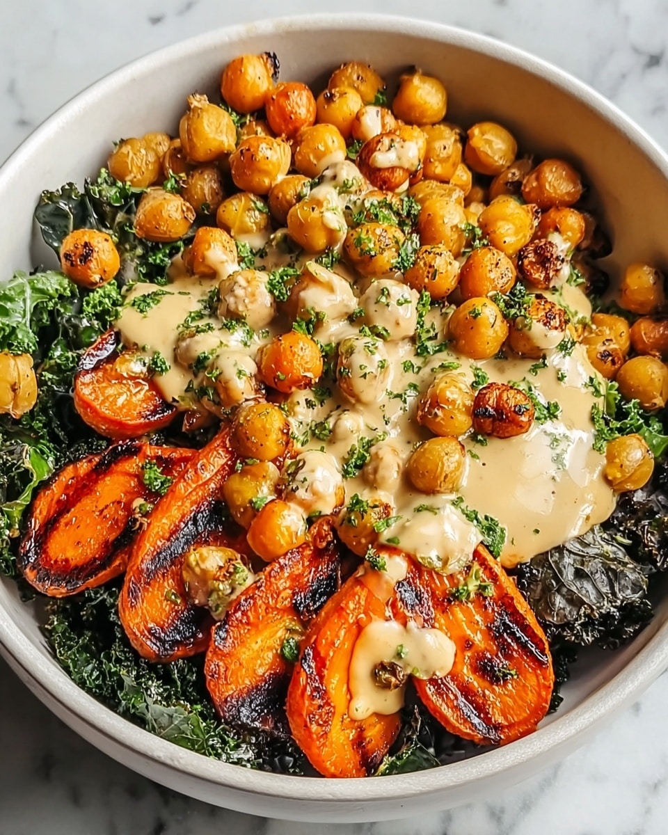 In a white bowl, there is a colorful dish with four main layers loosely mixed but visible. The bottom layer is dark green, crispy kale with a rough texture, covering the base. On top of that, there are bright orange grilled carrot slices arranged in a semi-circle, showing clear grill marks. Scattered evenly among the carrots are shiny, round, light brown chickpeas. Creamy beige sauce is drizzled generously over the whole dish, with small green herb bits sprinkled on top, adding freshness and detail. The bowl sits on a white marbled surface. photo taken with an iphone --ar 4:5 --v 7