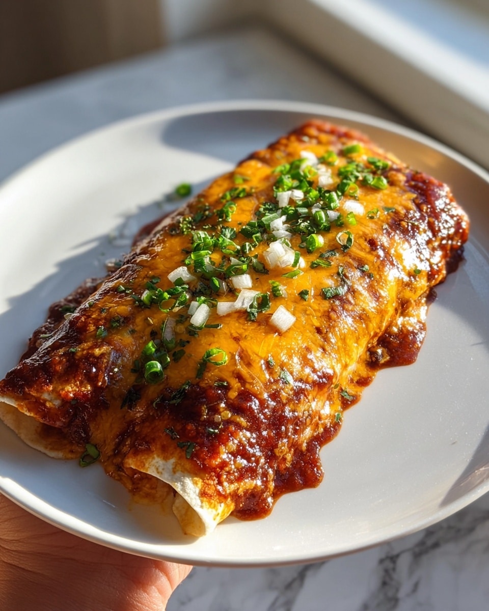 A close-up of a single square slice of lasagna on a white plate, layered about four times with visible pasta sheets and creamy, melted cheese inside. The top layer is golden brown and bubbly with slightly crispy edges from baked cheese. Dark reddish-brown sauce pools around the base of the lasagna, giving a rich, glossy look. The slice is garnished on top with small white diced onions and tiny green herb pieces, placed against a white marbled textured surface that softly blurs into the background. Photo taken with an iphone --ar 4:5 --v 7