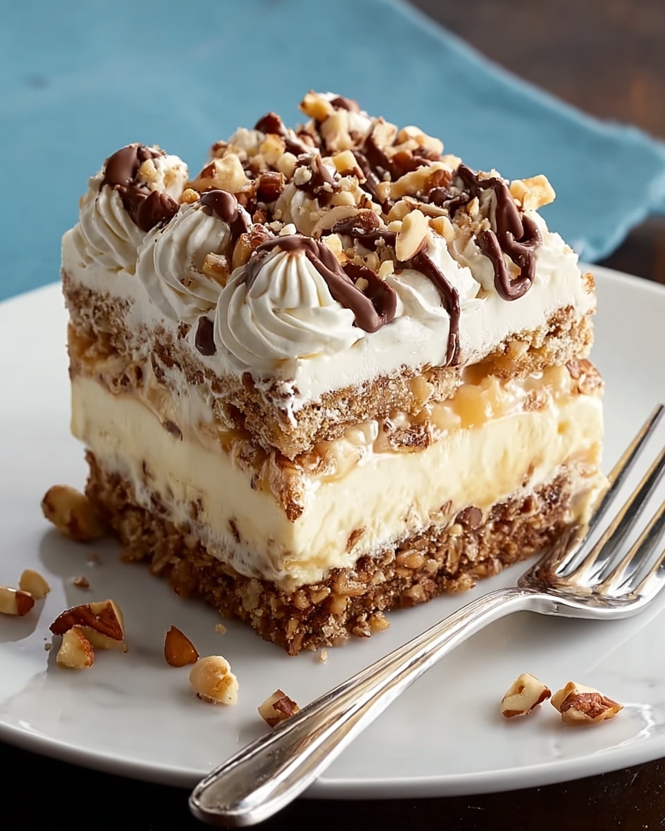 A square piece of layered dessert sits on a white plate with a shiny silver fork beside it. The dessert has three main layers: the bottom is a crumbly brown nut crust, above it is a thick creamy white layer mixed with small brown nut pieces, then a second creamy layer similar to the first, topped with white whipped swirls. Chopped nuts and small dark chocolate drizzle pieces cover the top, adding texture and color contrast. A few chopped nuts are scattered on the plate next to the fork, all placed on a white marbled surface. Photo taken with an iphone --ar 4:5 --v 7