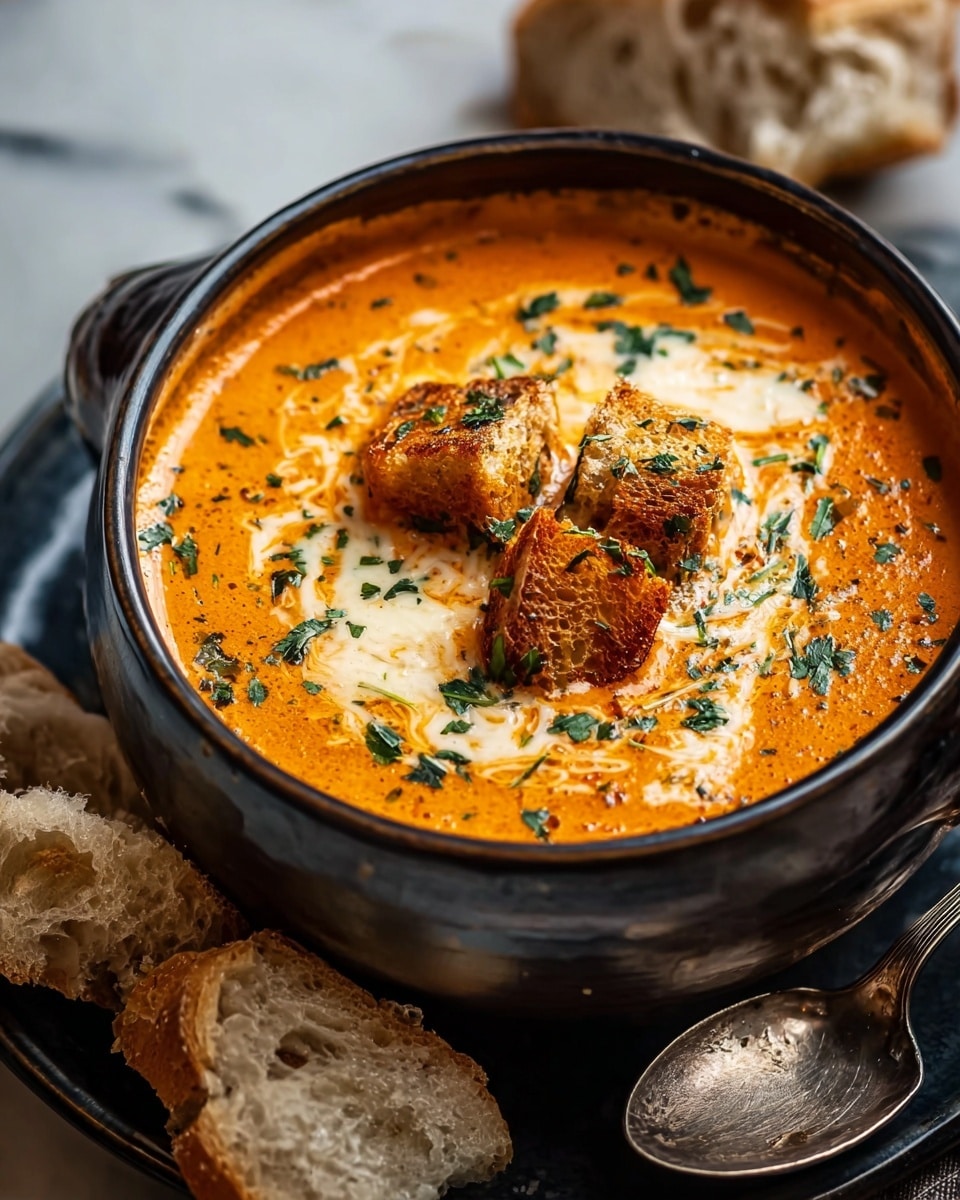 A dark bowl filled with creamy orange soup that has a smooth but slightly frothy texture, sprinkled with finely chopped green herbs scattered on top. There are three browned, crispy croutons placed in the middle, with melted white cheese strands draped over them and the surface of the soup. The bowl is sitting on a dark plate with pieces of crusty bread on the side, and a vintage silver spoon lies near the plate, all set against a white marbled texture. Photo taken with an iphone --ar 4:5 --v 7