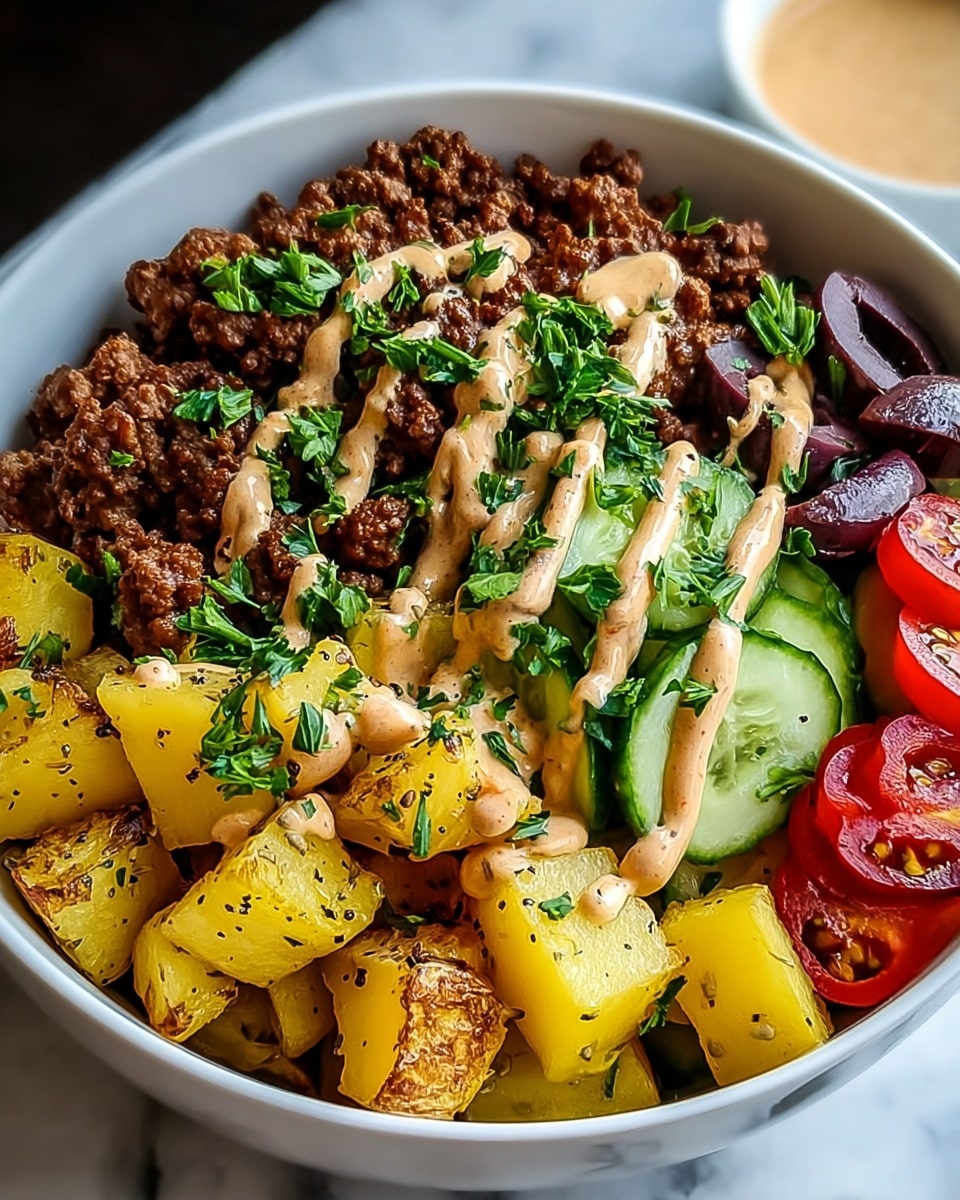 A white bowl filled with four main layers: on the left side, dark brown cooked ground meat with a slightly crispy texture; to its right, bright yellow cubed potatoes seasoned with black pepper; behind and partially around these, sliced bright red cherry tomatoes and fresh green cucumber slices with some ketchup; and towards the back right, thinly sliced purple olives. The top of the meat and potatoes is drizzled with a creamy light brown sauce and sprinkled with chopped fresh green parsley. The bowl is set on a white marbled surface in soft natural lighting. Photo taken with an iphone --ar 4:5 --v 7