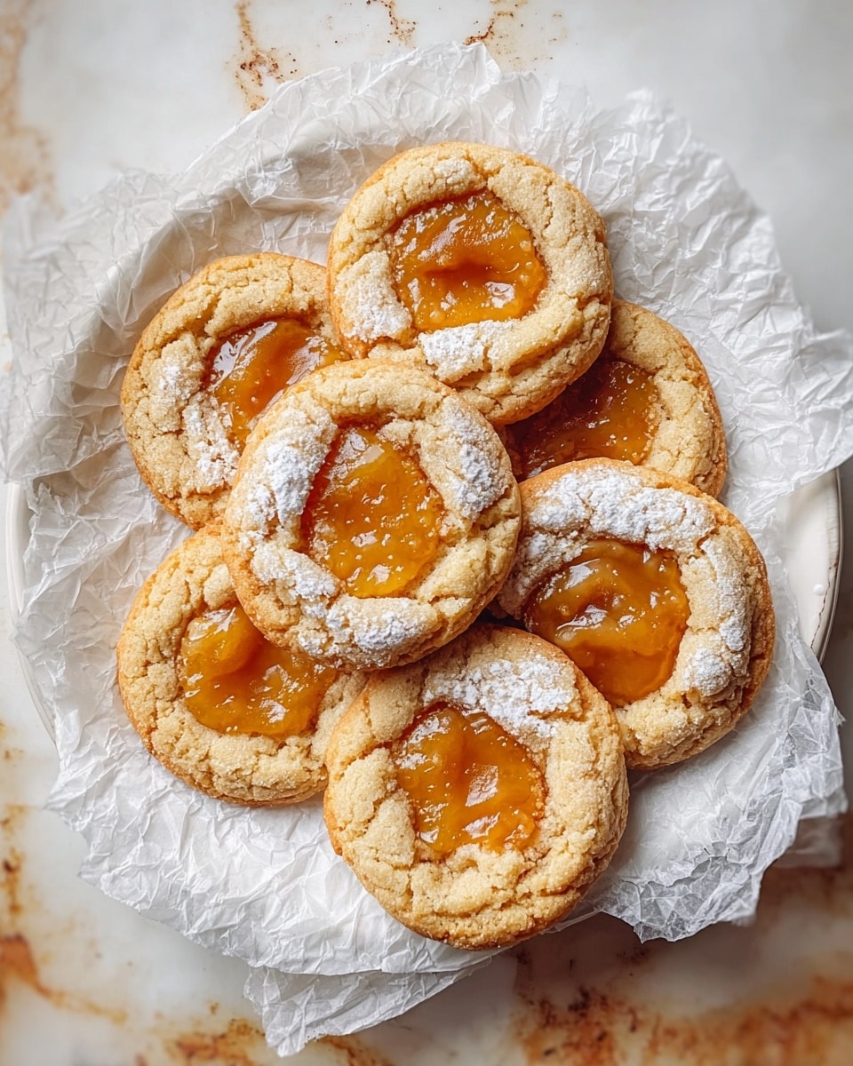 A white plate lined with crinkled white parchment paper holds six round cookies arranged in a loose cluster. Each cookie has two main layers: the base is a soft golden-brown cookie with a slightly cracked and chewy texture, and the top center layer is a glossy amber caramel pool with a light dusting of powdered sugar creating a matte, powdery contrast. The cookies’ edges are slightly raised and uneven, giving them a homemade feel. The background is a white marbled texture. photo taken with an iphone --ar 4:5 --v 7