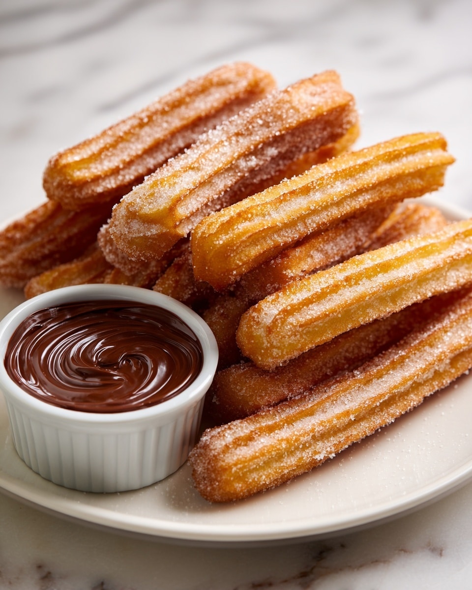 A white plate holds a stack of golden brown churros, each with ridged, crispy edges and a light dusting of white sugar crystals. The churros are arranged in a staggered pile, showing their textured surface and slightly darker baked ends. On the side of the plate, a small white ramekin filled with smooth, dark chocolate sauce sits, its surface drawn into a swirl pattern. The whole scene is set on a white marbled texture. photo taken with an iphone --ar 4:5 --v 7