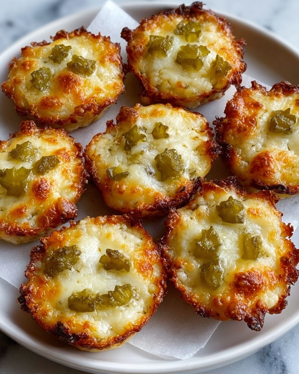 The image shows a white plate with nine small, round cheesy bites placed closely together. Each bite has a golden-brown crispy base with a bubbly and slightly browned melted cheese layer on top, scattered with small green pickle pieces. The texture looks crunchy on the edges and soft in the middle with some herbs sprinkled lightly for added color. The background is a white marbled surface. photo taken with an iphone --ar 4:5 --v 7