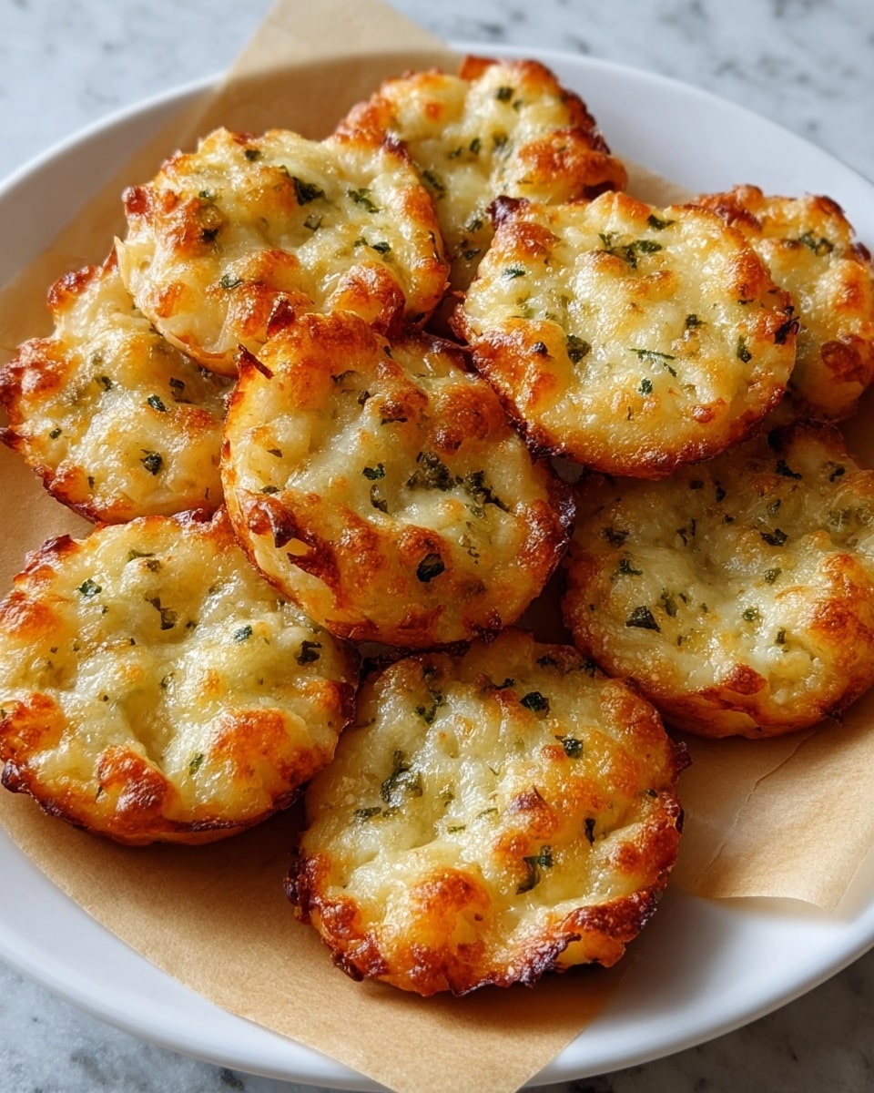 A white plate holds eight small, round cheese bites arranged on a light brown paper. Each bite has one layer, golden brown on the edges with a bubbly and slightly crispy texture, and a melted cheese center dotted with small green herb pieces. The surface looks shiny and soft, with browning unevenly scattered for a home-baked look. The close-up shot shows details of the crispy edges and melted cheese spots. The background shows a white marbled texture. photo taken with an iphone --ar 4:5 --v 7