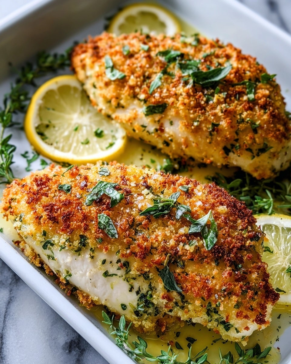 The image shows two baked chicken breasts on a white tray filled with oil or butter. Each chicken breast has one main layer of white meat topped with a golden-brown crunchy breadcrumb crust mixed with green herbs. Fresh green herb leaves are sprinkled on top of the crust for added color. There are two lemon slices and some sprigs of herbs placed near the chicken, creating a fresh look. The background is a white marbled texture. photo taken with an iphone --ar 4:5 --v 7