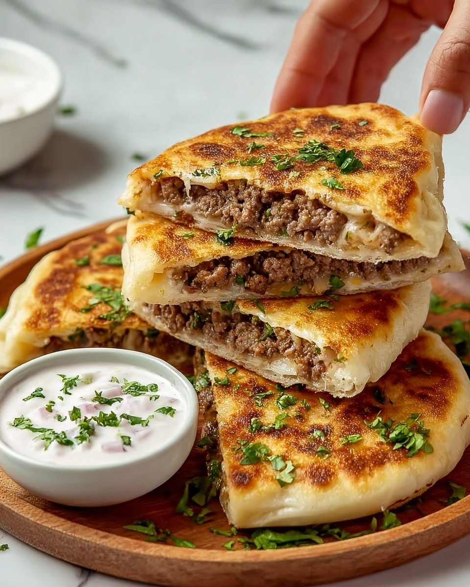 A wooden plate holds four pieces of golden brown stuffed flatbread that are thick and soft, each cut in half showing three layers: a light, slightly crispy outer dough, a thin layer of melted cheese below it, and a thick middle layer of finely cooked minced meat mixed with small bits of green herbs. Fresh green herbs are sprinkled on and around the plate for garnish. A small white bowl with white creamy sauce topped with tiny herb pieces sits on the plate. A woman's hand is lifting the top piece, showing its juicy filling. The background has a white marbled texture with a blurred white bowl visible. photo taken with an iphone --ar 4:5 --v 7