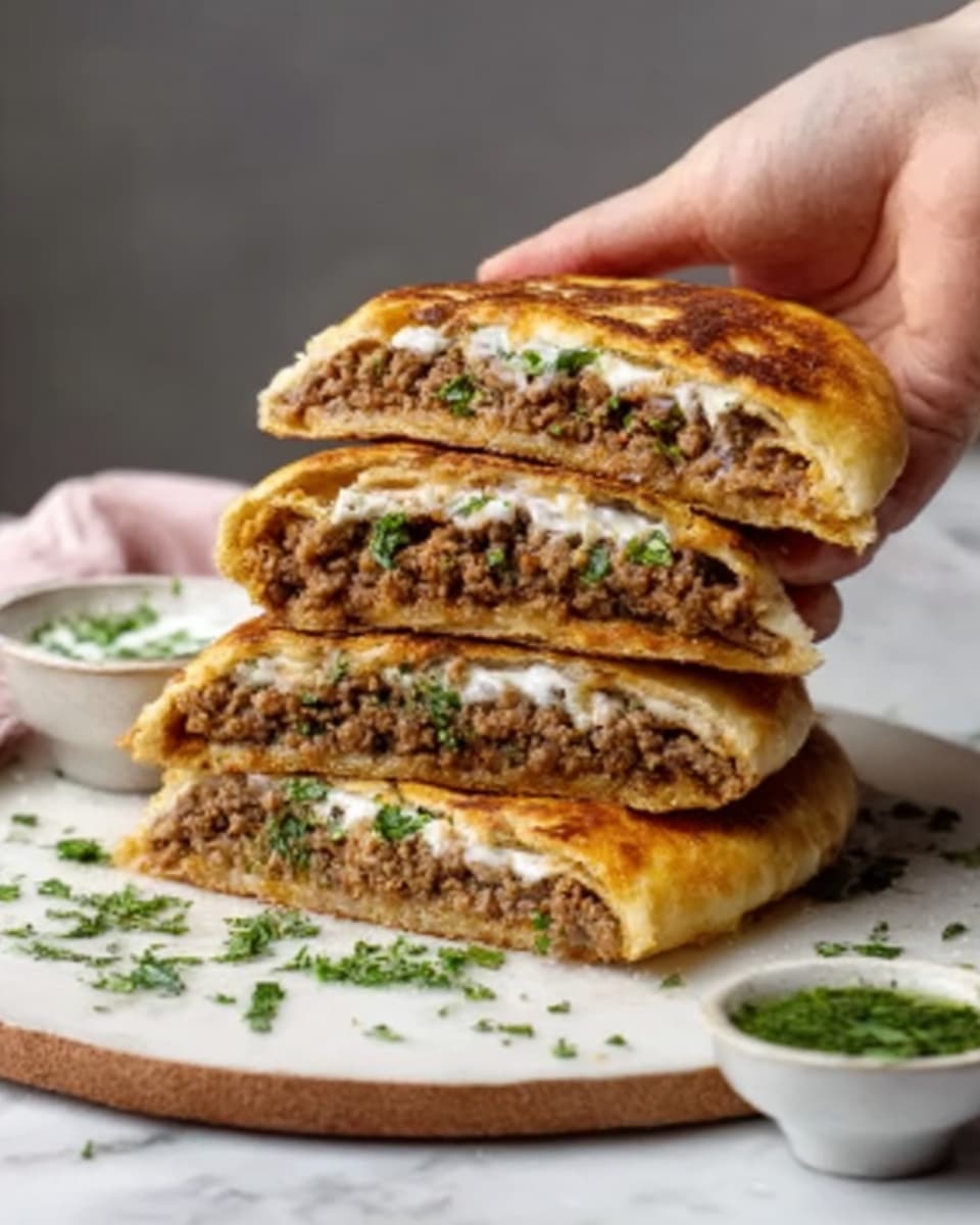 The image shows a stack of three stuffed flatbreads cut in half to reveal their filling. Each flatbread is golden brown with a crispy outside layer, while the inside has a thick layer of cooked ground meat mixed with finely chopped herbs. Below the meat layer is a thin spread of white sauce with small green bits, maybe herbs or onions. The flatbreads are placed on a round white plate on a white marbled surface, with a small white bowl of green sauce and some chopped herbs scattered nearby. A woman's hand is gently holding the top flatbread piece. Photo taken with an iphone --ar 4:5 --v 7