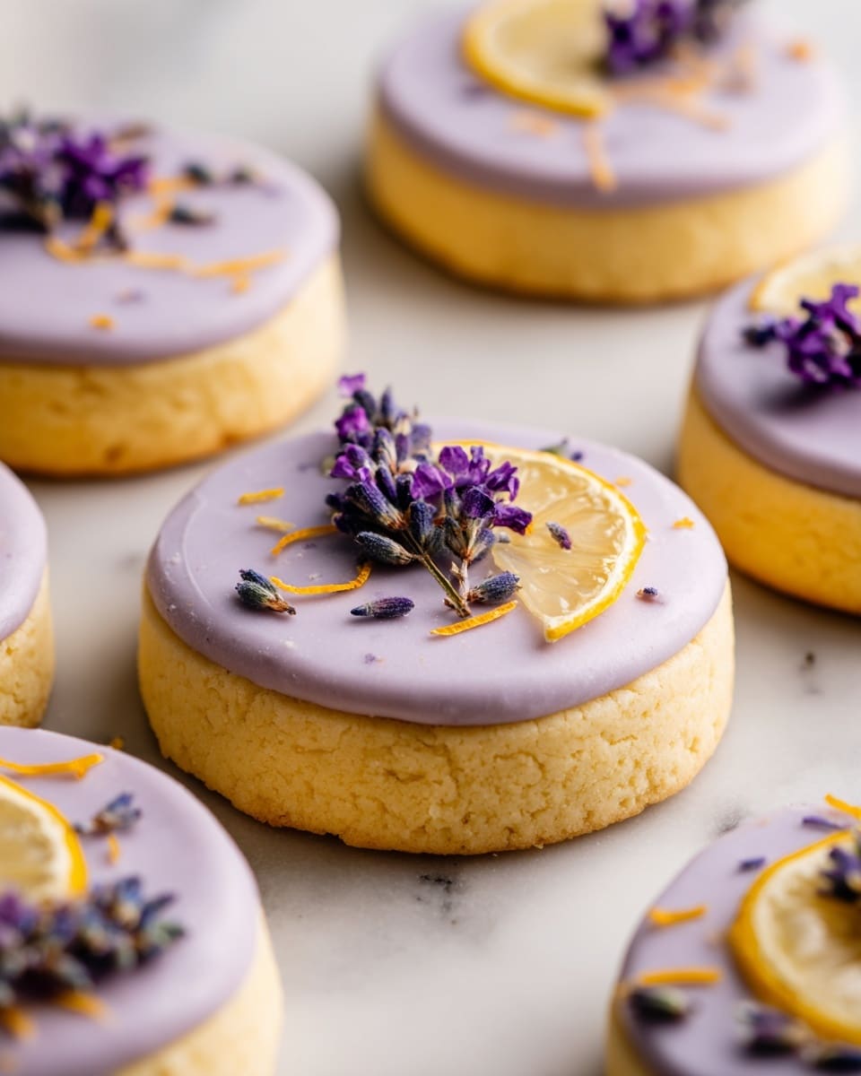 A close-up of round lemon cookies with a soft yellow base layer visible as the cookie dough. Some cookies have a smooth, pale purple frosting layer spread evenly on top, while others show only the plain cookie dough. On top of the frosting layer, there are small dried lavender flowers and thin strands of orange lemon zest. A few cookies are decorated with a thin lemon slice placed in the center, accompanied by a small bunch of purple lavender flowers. The cookies are placed together on a white marbled surface, showing clear texture contrasts between the smooth frosting, the soft cookie, and the delicate floral decorations. Photo taken with an iphone --ar 4:5 --v 7