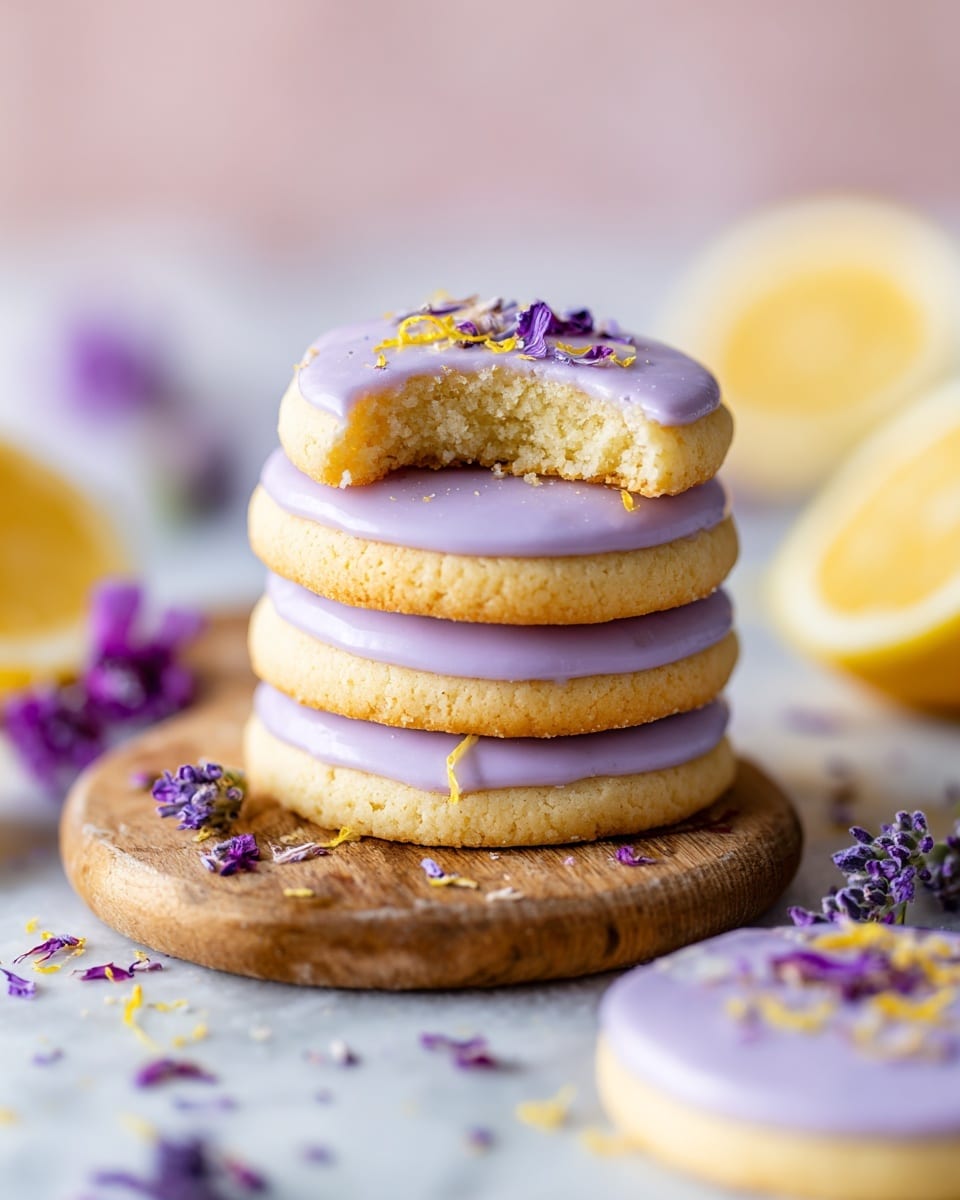 A stack of four round cookies sits on a wooden board over a white marbled background, each cookie topped with smooth light purple icing. The top cookie has a bite taken from it, revealing a soft, crumbly, pale yellow inside. Small pieces of purple flower petals and thin strips of yellow zest decorate the icing on all cookies, adding a delicate touch. Around the stack are scattered slices of lemon and small purple flowers, enhancing the soft pastel color theme. The photo is taken close up, showing the texture of the cookies clearly, with the focus on the top bitten cookie. photo taken with an iphone --ar 4:5 --v 7