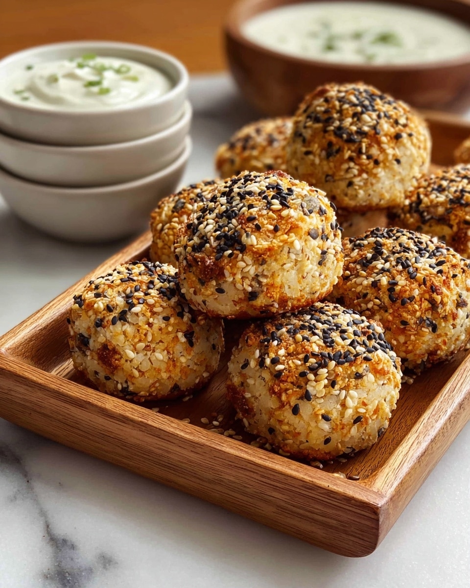 A wooden rectangular tray holds two layers of round, golden-brown baked balls covered with black and white sesame seeds and a crunchy texture. In the background, three stacked white bowls contain a creamy white sauce with green herb pieces, and behind them, a wooden bowl also holds more of the sauce. The whole scene rests on a white marbled surface. photo taken with an iphone --ar 4:5 --v 7