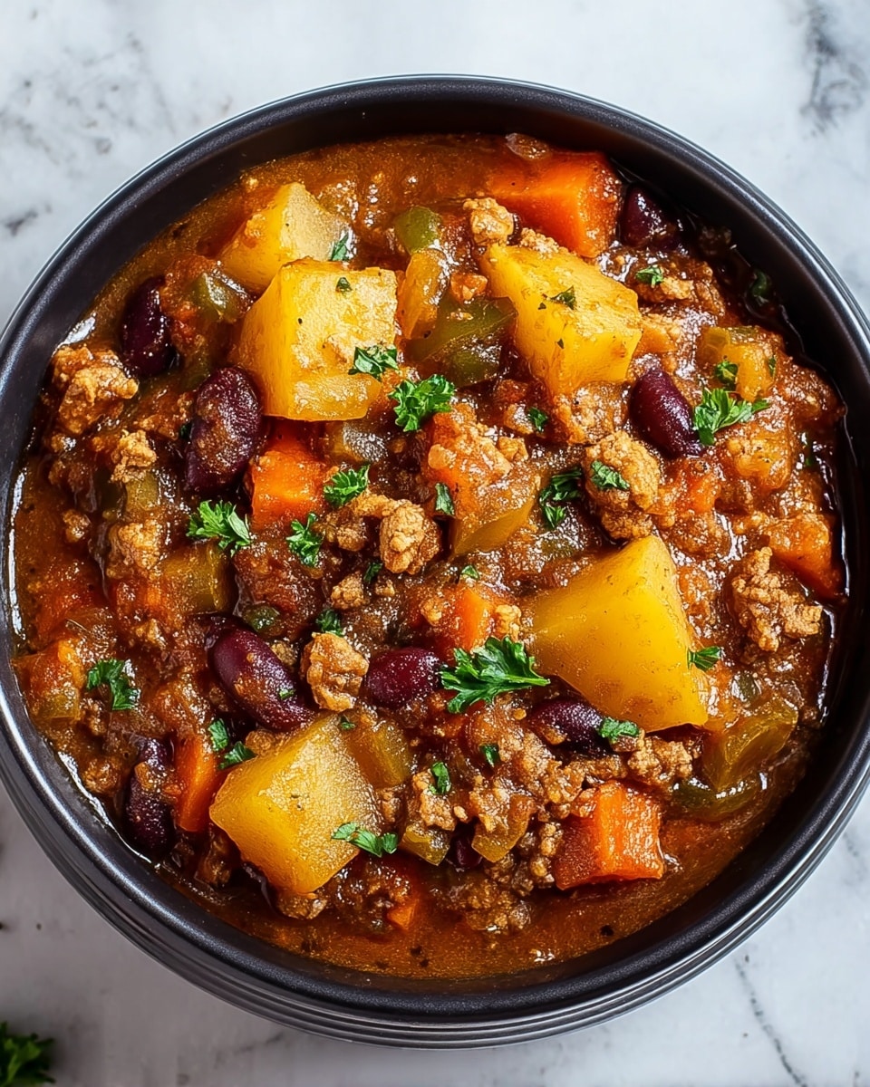 A black bowl filled with chunky stew sits on a white marbled surface. The stew has three main layers: a base layer of thick brown sauce, a middle layer with large yellow potato cubes and pieces of cooked ground meat with a textured softer look, and a top layer of diced translucent onions, chopped orange carrots, dark kidney beans, and green parsley sprinkled on top. The stew looks hearty and mixed evenly throughout. Photo taken with an iphone --ar 4:5 --v 7