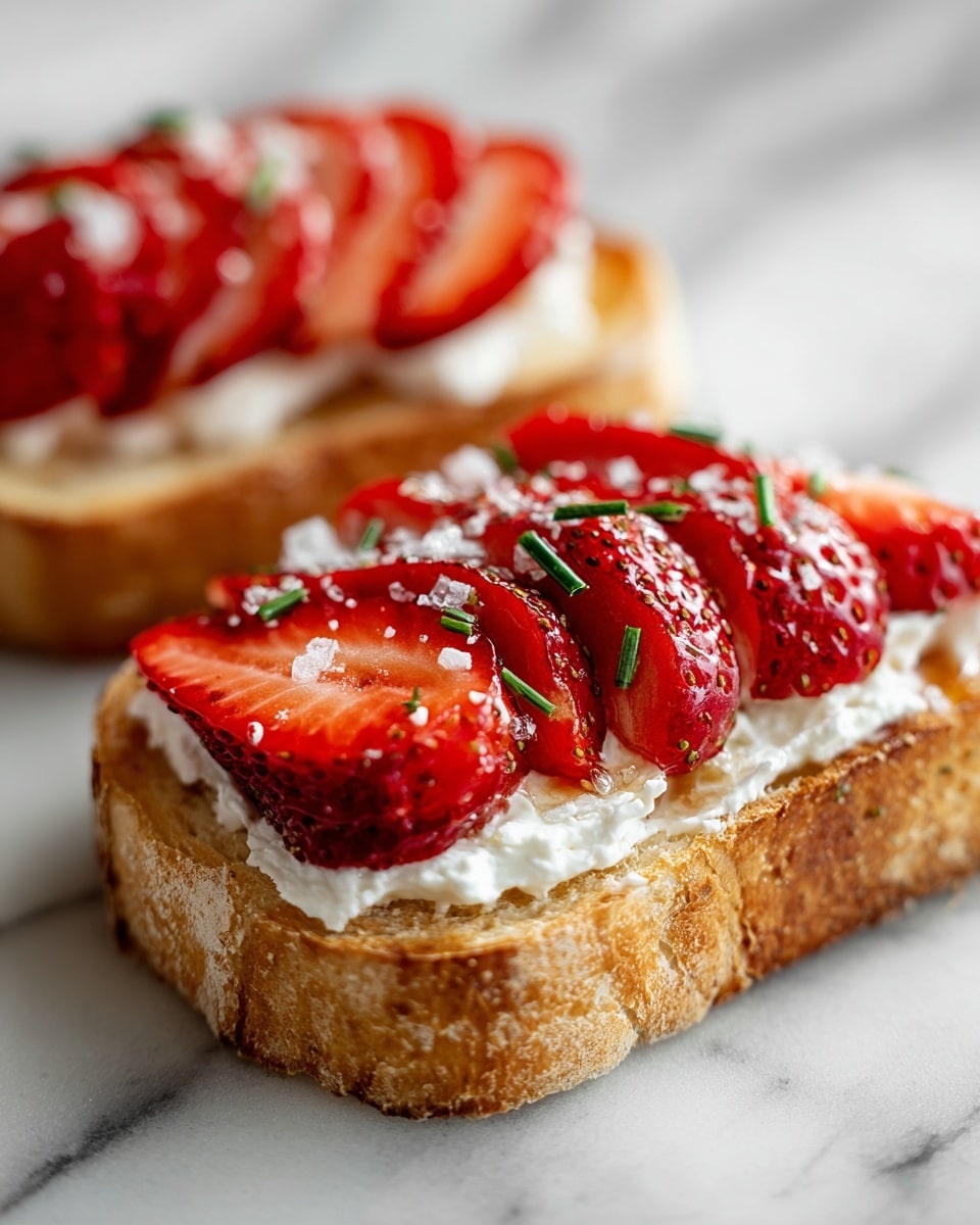 Two slices of toasted golden bread serve as the base, each topped with a thick layer of white creamy cheese spread evenly. Over the cheese, there are several bright red sliced strawberries arranged in a layered manner, with a few whole strawberries included for texture. The strawberries are glistening as if lightly coated with a clear glaze, adding shine. Small green herb pieces and coarse white salt crystals are sprinkled on top, providing contrast and texture. The toast rests on a white marbled surface, enhancing the colors of the dish. photo taken with an iphone --ar 4:5 --v 7