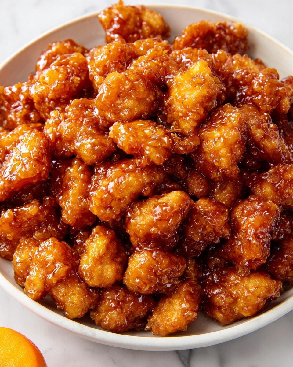 A close-up view of a white bowl filled with many small, bite-sized pieces of crispy coated chicken covered in a shiny, sticky orange glaze. The chicken pieces are golden brown underneath the thick sauce, which has a slightly translucent look making the chicken shine. The texture looks crunchy yet sticky, with the sauce clinging well to each piece. The bowl sits on a white marbled surface with a small orange visible at the edge of the frame. photo taken with an iphone --ar 4:5 --v 7