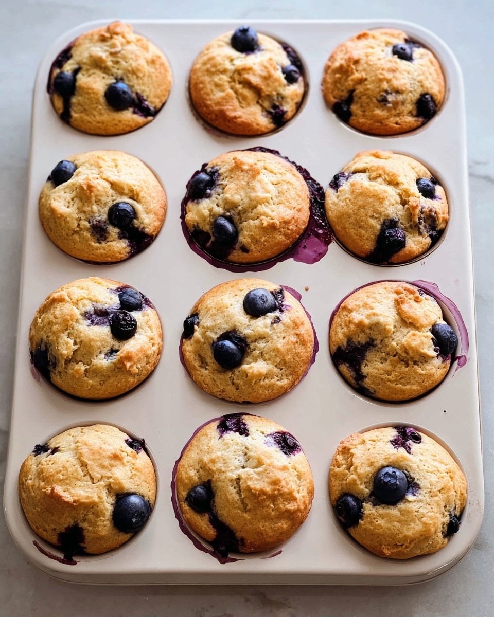 A tray of twelve golden brown blueberry muffins, each rising slightly above the edge of the white cupcake tin's round cups, showing a rough, crumbly texture with some cracks on top. Deep purple blueberries dot the tops and peek from the sides of the muffins, creating dark spots and some berry juices lightly spilling onto the tin's surface. The tin sits on a white marbled background that softly reflects light. photo taken with an iphone --ar 4:5 --v 7