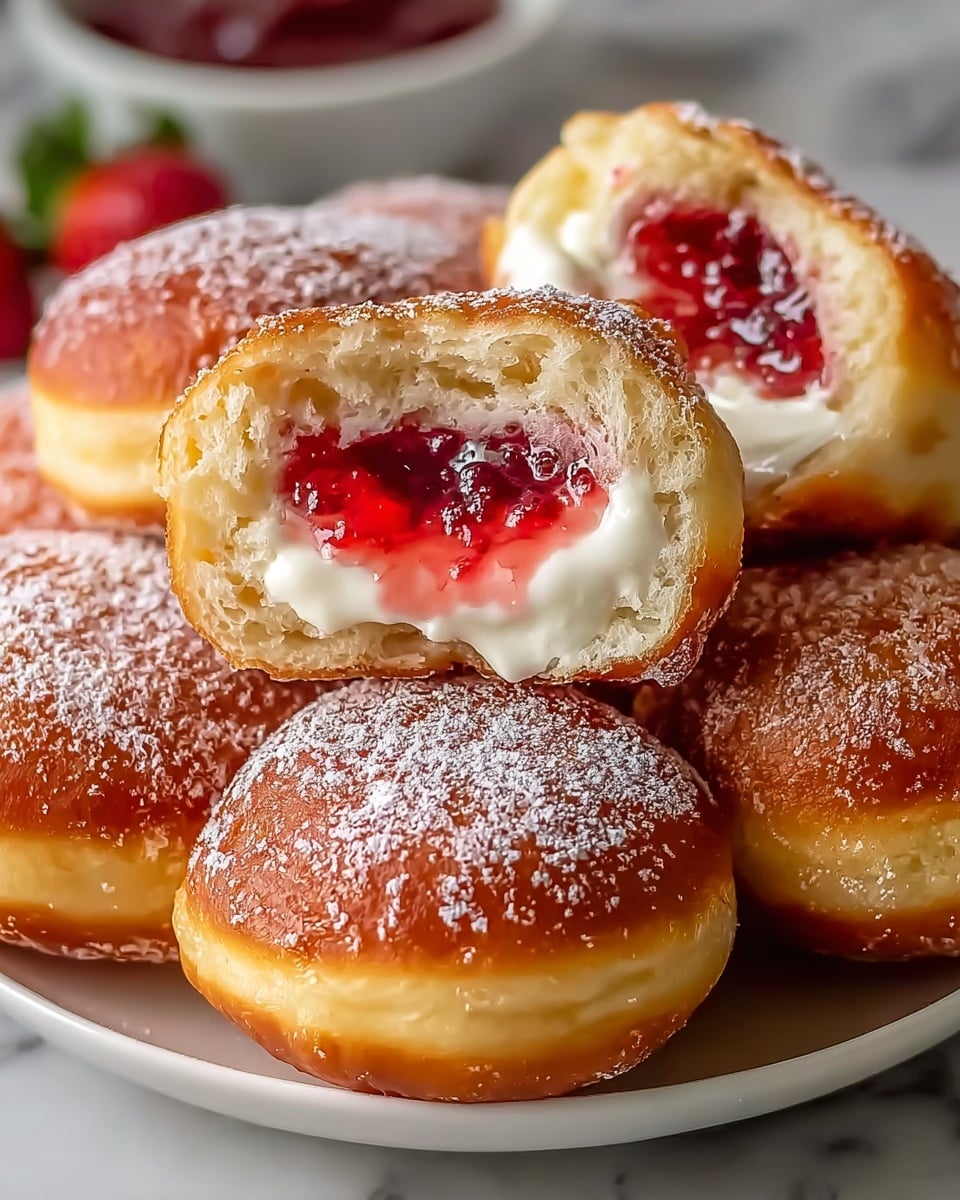 The image shows four round doughnuts on a white plate placed on a white marbled surface. Three doughnuts sit whole with golden-brown tops dusted with powdered sugar, while the fourth is cut in half and placed on top, revealing a inside filling with two layers: a bright red strawberry jam and a smooth white cream. The dough inside is light and fluffy with a soft texture. In the background, there are blurred red strawberries adding more color to the scene. photo taken with an iphone --ar 4:5 --v 7