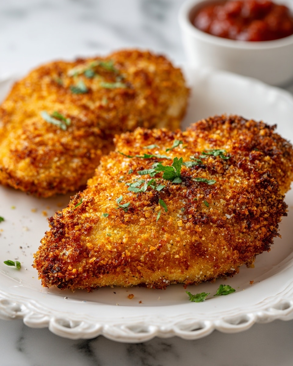 The image shows two pieces of breaded and baked chicken breasts on a round white plate with a lacy edge design. Each chicken breast has a thick, crunchy coating in a golden brown color with a slightly rough texture, showing crispy bread crumbs. The chicken pieces are placed close together near the center of the plate. Small green herb leaves are scattered on top of the chicken for decoration. In the background, there is a small white bowl with a chunky red sauce, and the surface underneath is a white marbled texture. photo taken with an iphone --ar 4:5 --v 7