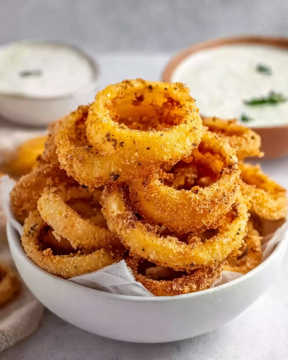 A white bowl filled with crispy golden-brown onion rings stacked high, each ring showing a crunchy texture with some light seasoning visible on the surface. The bowl is placed on a white marbled textured surface, and behind it is a small white bowl of creamy white dipping sauce with green herb specks. The onion rings look hot and fresh, with some darker golden spots showing extra crispiness. Photo taken with an iphone --ar 4:5 --v 7