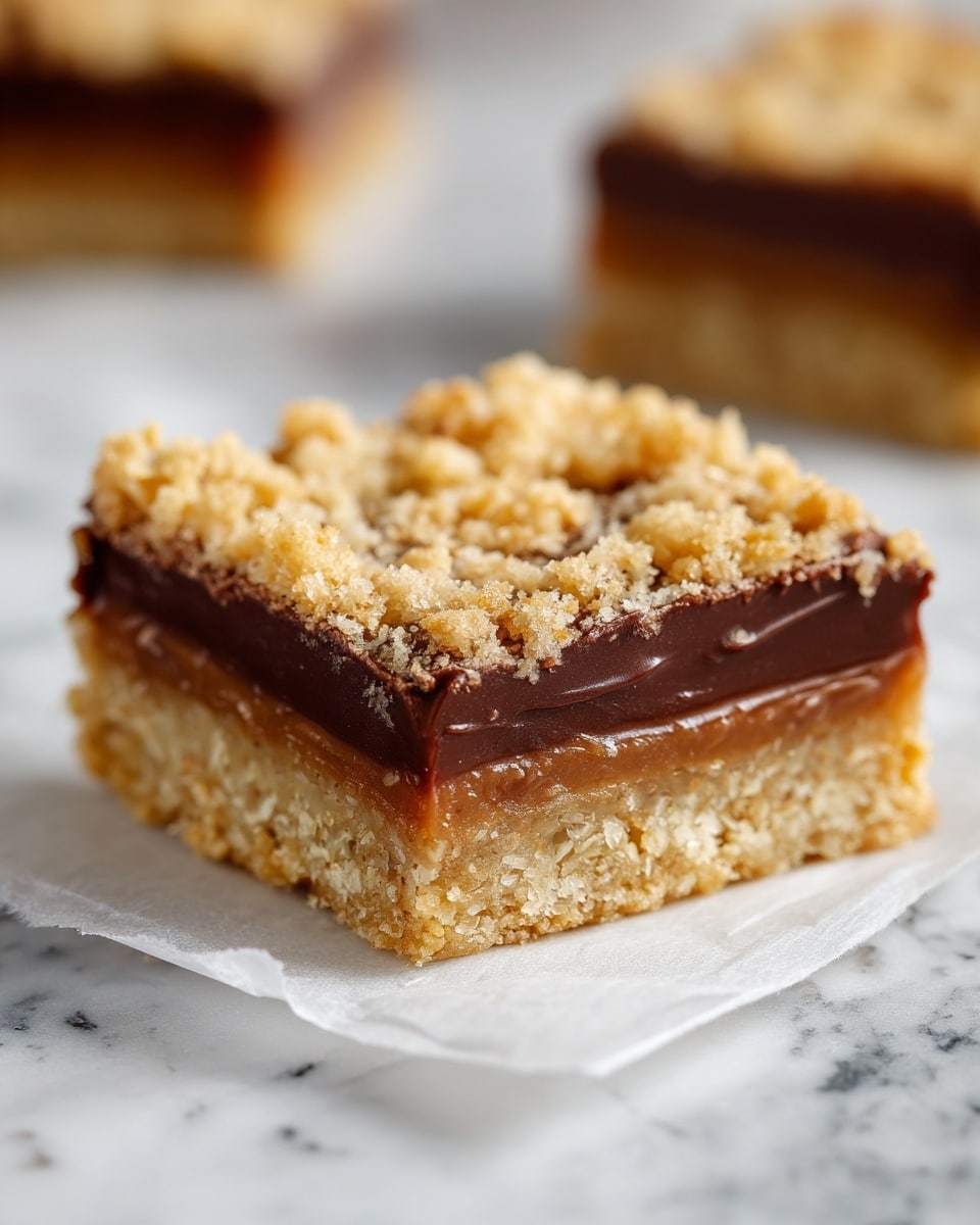 A rectangular glass baking dish holds a two-layer dessert placed on a white marbled surface. The bottom layer is smooth and dark brown, looking like rich chocolate or fudge. The top layer is unevenly spread golden crumbly dough with rough texture, covering most of the chocolate but leaving some dark spots visible in between the scattered clumps. The contrast between the dark, glossy chocolate base and the light, crumbly, baked dough on top makes the dessert visually inviting. photo taken with an iphone --ar 4:5 --v 7