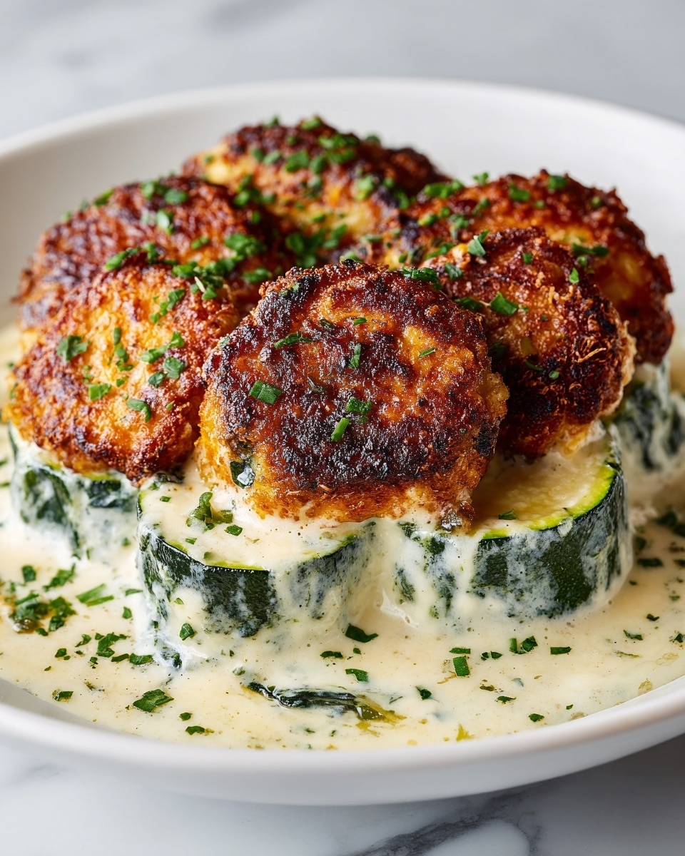 A close-up view of a baked dish featuring thick round slices of zucchini at the bottom, covered with a creamy white spinach sauce that spreads around the base. On top of the zucchini are large, golden to dark brown crispy cheese patties, some with bubbly texture and slightly charred edges. The dish is garnished with small chopped green herbs sprinkled across the surface. The food is served on a white plate, resting on a white marbled surface. photo taken with an iphone --ar 4:5 --v 7