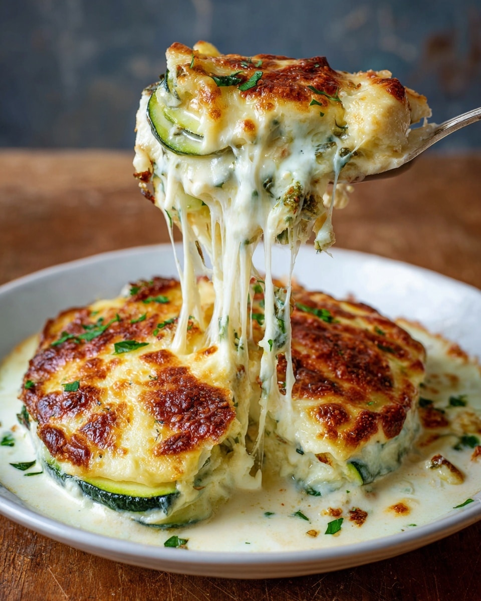 The dish shows a white deep plate filled with a layered casserole. The bottom layer is green zucchini slices, soft and slightly cooked. Above them is a thick creamy white sauce mixed with herbs, smooth and rich in texture. The top layer is golden brown melted cheese with bubbly and crispy spots, offering a textured contrast. A fork lifts a portion, stretching gooey melted cheese with bits of green herbs visible in the layers. The whole dish looks warm, with small green parsley leaves sprinkled on top, and the surface has a shiny, slightly oily finish. Photo taken with an iphone --ar 4:5 --v 7