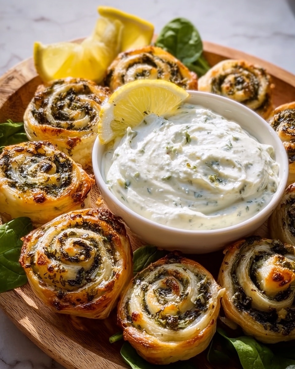 A white round bowl filled with thick white creamy dip sits on a wooden board. Surrounding the bowl are golden brown, spiral-shaped puff pastry rolls filled with a dark green herb or spinach mixture and melted cheese, showing crisp, flaky layers. Small fresh green spinach leaves and lemon wedges add color and contrast between the rolls and the bowl. The whole setup is on a white marbled surface, with bright natural light creating shiny highlights and shadows. photo taken with an iphone --ar 4:5 --v 7