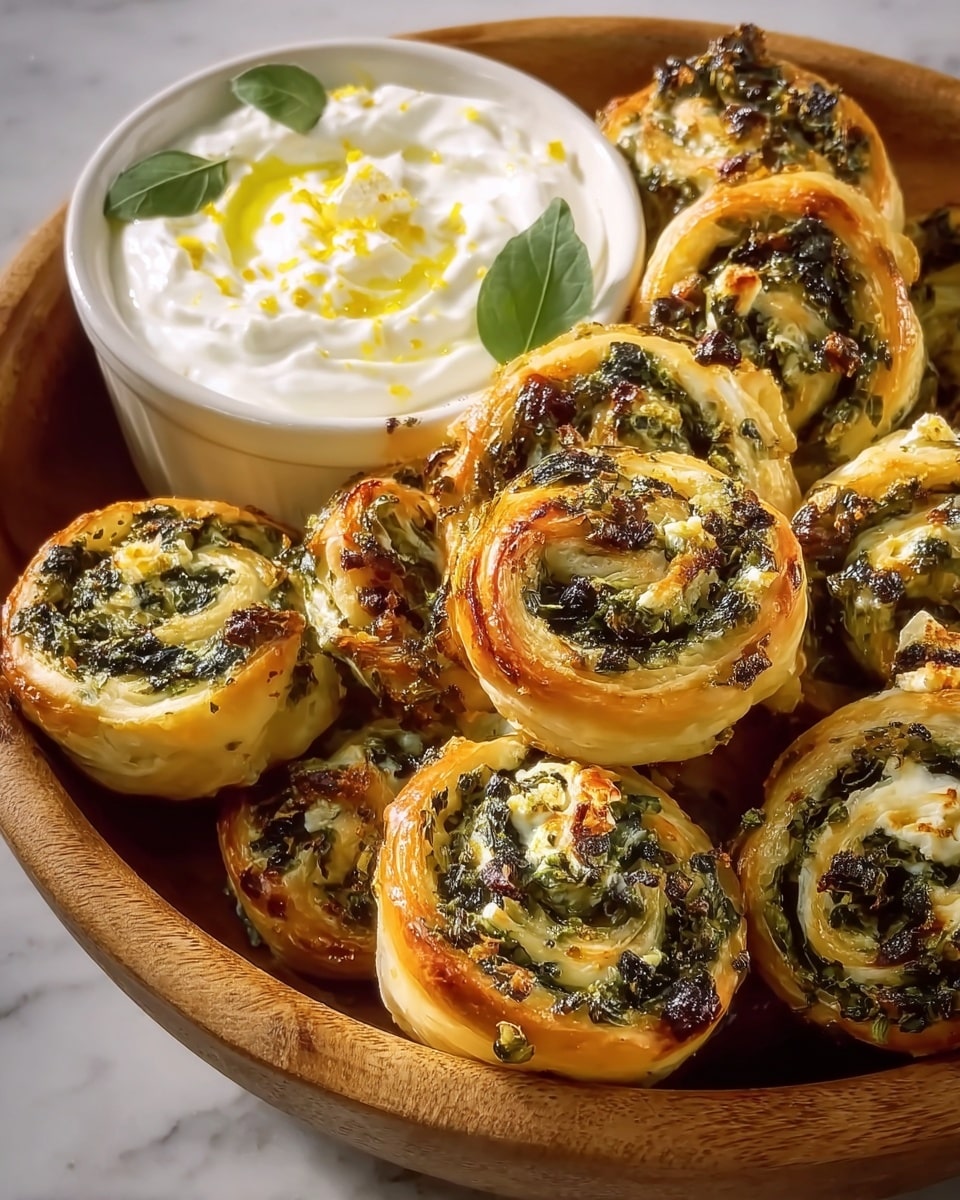 A round wooden bowl filled with golden-brown puff pastry pinwheels, each with visible layers of flaky dough rolled around a filling of dark green spinach and creamy white cheese, slightly browned on top, with small bits of herbs scattered throughout. The pinwheels are tightly packed and some are stacked, showing a clear spiral pattern with a rough texture from the baked cheese and spinach. In the center of the bowl sits a white bowl containing thick, white yogurt topped with a drizzle of olive oil and small lemon zest pieces. A few green leaves are placed among the pinwheels for color contrast. The background is a white marbled texture. photo taken with an iphone --ar 4:5 --v 7