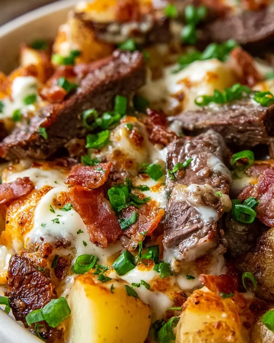 The image shows a close-up of a dish with several layers: thick slices of cooked steak with brown, slightly charred edges; melted cheese in white and orange colors layered beneath and around the steak pieces; soft yellow potato chunks scattered throughout the dish; crispy bits of reddish-brown bacon on top; and small pieces of bright green chopped onions sprinkled over everything, all resting on a white marbled surface. The textures include the juicy, slightly greasy steak, smooth melted cheese, tender potatoes, and crunchy bacon. photo taken with an iphone --ar 4:5 --v 7