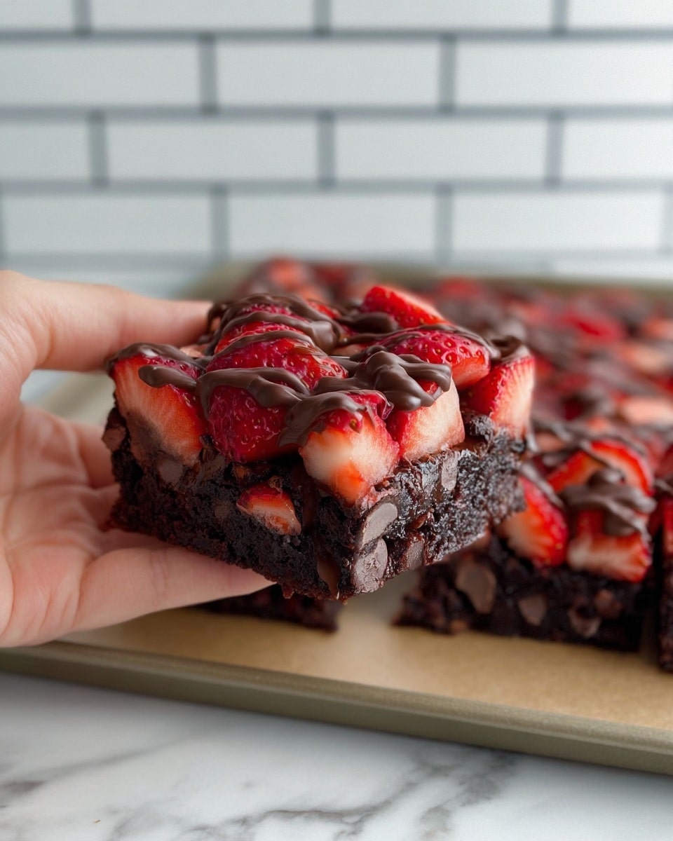 A close-up photo of a thick brownie square with three layers is shown, being held by a woman's hand. The bottom layer is dark, moist chocolate brownie with visible chocolate chips inside. The middle layer is a bright red, fresh cut strawberry pieces that look juicy and shiny. The top layer is a smooth dark chocolate drizzle spread in swirls over the strawberries. This brownie square is in front of a tray with more brownie squares with the same layers, all resting on a white marbled surface with a white brick wall in the background. Photo taken with an iphone --ar 4:5 --v 7