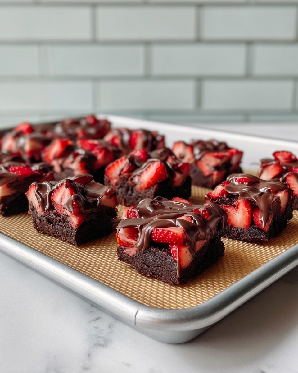 A close-up view of fourteen square brownie pieces arranged neatly in three rows on a silver baking tray with a tan silicone mat. Each brownie has three layers: a dark brown, moist brownie base; a middle layer of fresh, bright red chopped strawberries; and a top layer of smooth, dark brown chocolate drizzle spread unevenly. The background is a white marbled surface with a blurred white brick wall behind. The image is taken with soft natural light, highlighting the glossy texture of the chocolate and the freshness of the strawberries. Photo taken with an iphone --ar 4:5 --v 7