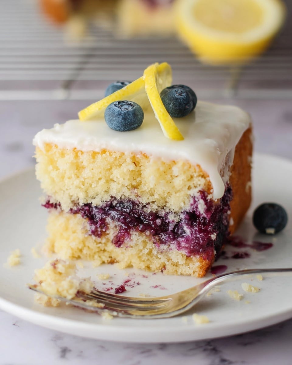A slice of two-layer cake sits on a white plate with a few crumbs and a silver fork next to it; the bottom layer is dark purple and looks like a moist berry filling, with a light yellow cake layer on top that is fluffy and crumbly in texture. The cake is covered with a smooth white icing and topped with a small lemon wedge and two round blueberries. In the blurred background, there is a lemon wedge and a cooling rack on a white marbled surface. Photo taken with an iphone --ar 4:5 --v 7