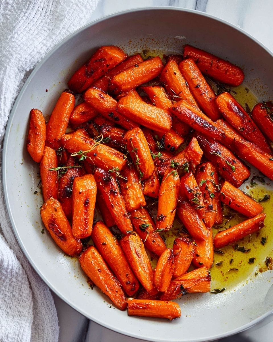 A white pan filled with a single layer of roasted carrot pieces, each cut into chunky sticks showing a deep orange color with caramelized brown spots and a shiny texture from oil. Small green herb bits are scattered over the carrots. The pan sits on a white marbled surface next to a crumpled white cloth. photo taken with an iphone --ar 4:5 --v 7