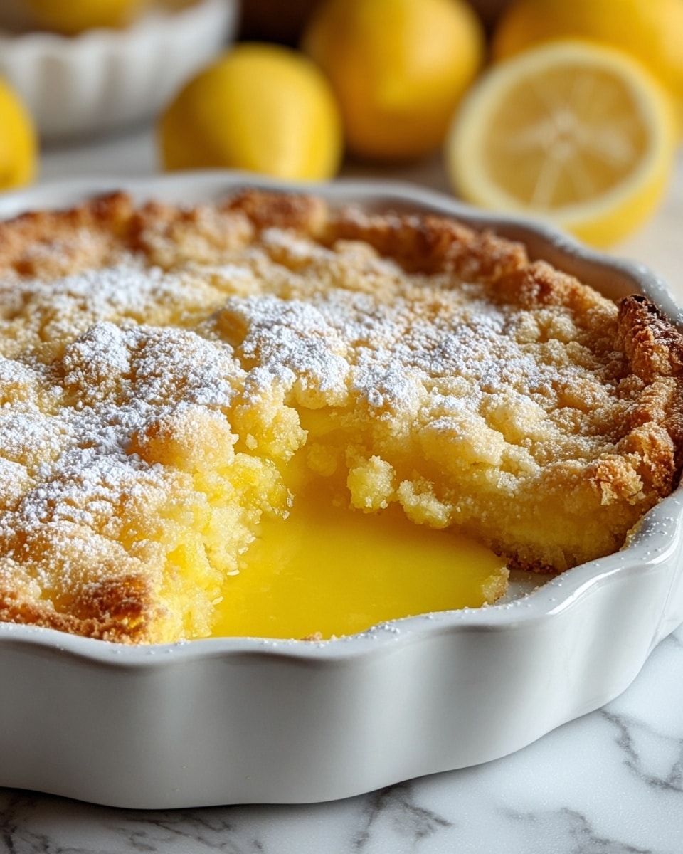 The image shows a close-up of a baked lemon dessert in a white ceramic pie dish with scalloped edges. The dish has two main layers: a golden, crumbly crust on the top with a slightly toasted texture, and a bright yellow, glossy lemon filling visible in the missing portion at the front, showing its smooth, custard-like consistency. The crust is sprinkled with a light dusting of powdered sugar, adding a soft white contrast to the golden colors. The background features a white marbled surface and some whole and sliced yellow lemons blurred in the distance, enhancing the fresh lemon theme. photo taken with an iphone --ar 4:5 --v 7