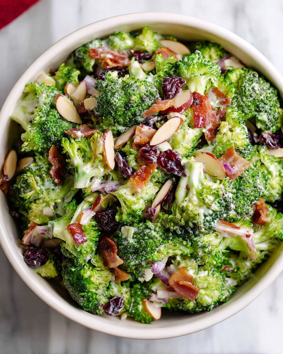A white bowl filled with a fresh broccoli salad, showing roughly four layers of ingredients. The base layer consists of dark green broccoli florets with bumpy texture. Mixed evenly are thin light brown almond slices and small pieces of cooked bacon with a crispy, reddish look. Interspersed are small chunks of white onion, adding a crisp texture, and dark red dried cranberries for a chewy element. The salad is coated lightly with creamy, pale yellow dressing, giving it a shiny texture. The bowl is set on a white marbled surface. photo taken with an iphone --ar 4:5 --v 7