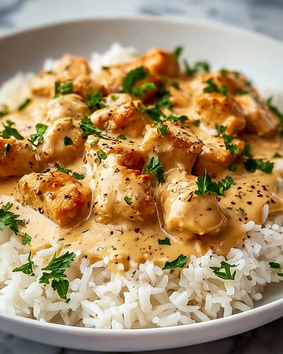 A white plate holds a base layer of fluffy white rice with long grains, topped with a creamy, light brown sauce that covers browned, bite-sized pieces of chicken with slightly crispy edges. The sauce is smooth with a few black specks of seasoning, and the dish is garnished with small, fresh green parsley leaves scattered on top. The plate sits on a white marbled surface. photo taken with an iphone --ar 4:5 --v 7