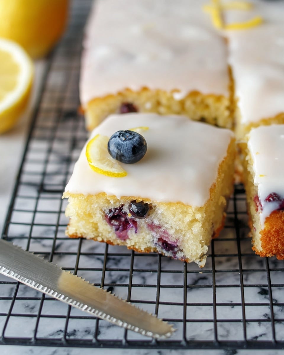 The image shows a lemon blueberry cake cut into square slices, resting on a black cooling rack over a white marbled surface. The cake has two layers: a moist, light yellow base layer with visible blueberries inside and a smooth, glossy white icing layer on top. One visible slice is decorated with a fresh blueberry and a small wedge of lemon, adding bright blue and yellow colors. A silver serrated knife lies next to the cake, partially out of focus, along with a halved lemon in the background. Photo taken with an iphone --ar 4:5 --v 7