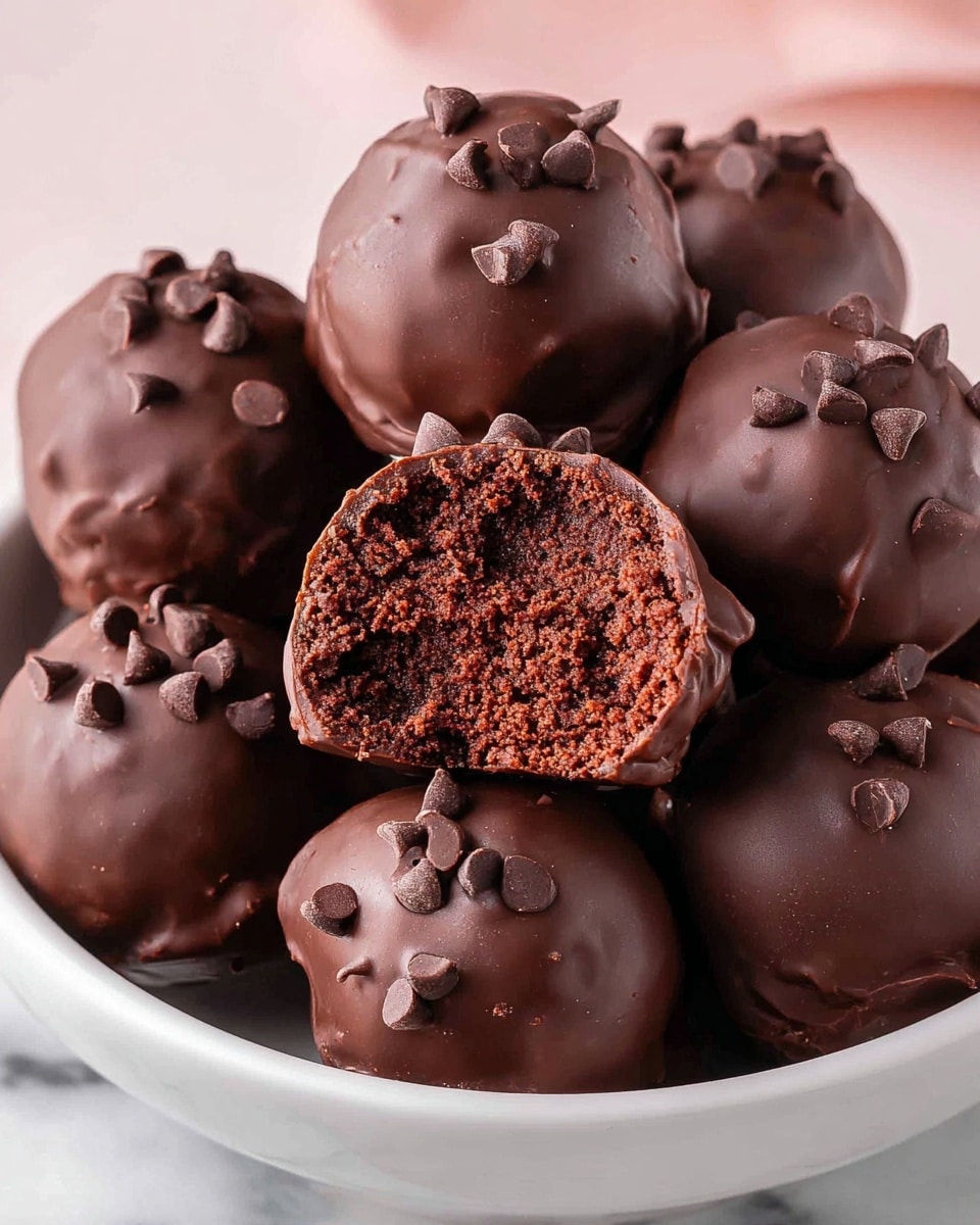The image shows a white bowl filled with round chocolate truffles. Each truffle has a smooth dark chocolate coating with a few small chocolate chips sprinkled on top. The center truffle is cut open, revealing a dense, moist, dark brown cake-like interior with small bits of chocolate inside. The truffles have a glossy texture from the chocolate coating and look rich and soft. The bowl sits on a white marbled surface with a soft pink background out of focus. photo taken with an iphone --ar 4:5 --v 7