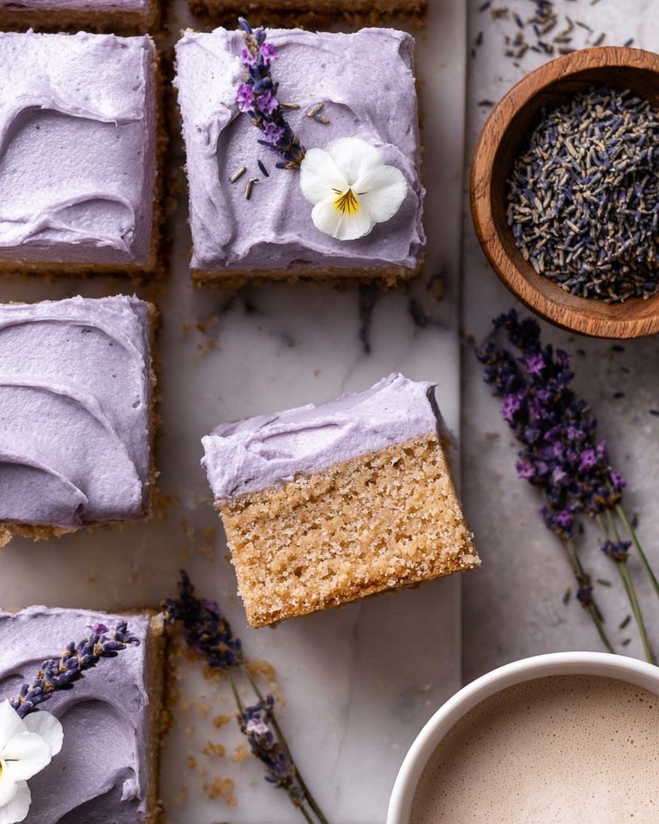 The image shows square pieces of cake arranged on a white marbled surface, each piece with two layers: a light brown, crumbly cake base topped with a thick layer of light purple frosting with a smooth, swirled texture. One piece is lifted showing the crumbly cake clearly, while another decorated with a small white flower and lavender sprigs sits near a wooden bowl of dried lavender flowers. Part of a white cup with creamy foam is visible beside the cakes. photo taken with an iphone --ar 4:5 --v 7