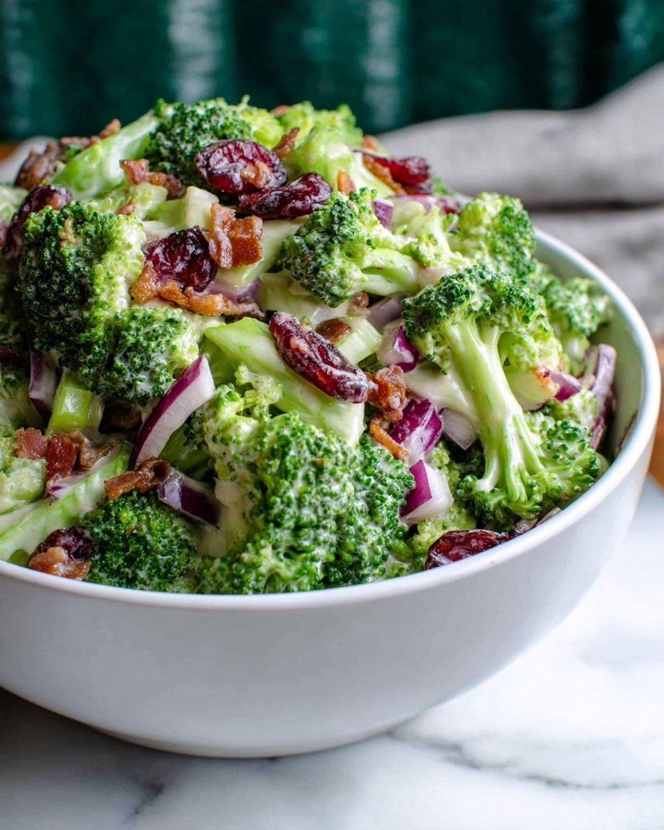 A white bowl filled with a mixed salad showing many green broccoli florets as the main layer. Scattered throughout are small pieces of red onion, thinly sliced pale green celery, and bits of crispy-looking bacon. Bright red dried cranberries are mixed in, adding color contrast against the green and white salad base. The salad is coated lightly with a creamy, off-white dressing that gives a smooth texture over the chunky, fresh ingredients. The bowl sits on a white marbled surface, and the background is softly blurred with dark green tones. Photo taken with an iphone --ar 4:5 --v 7