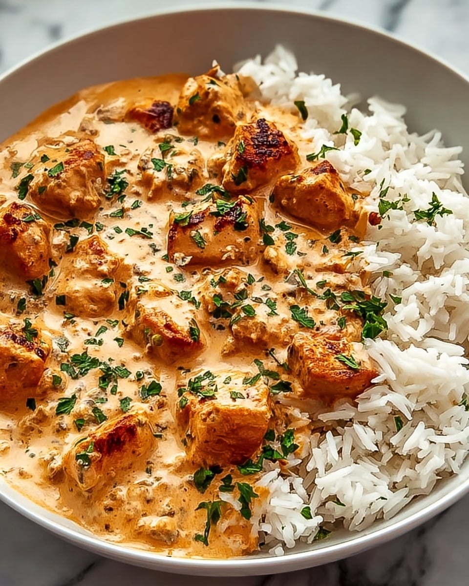 A white bowl filled with two layers: the bottom layer is fluffy white rice with individual grains visible, and the top layer is a creamy orange-beige sauce with browned chicken pieces scattered throughout. The sauce looks rich and smooth, coating the chicken well, with small bits of green herbs sprinkled evenly on top for color contrast. The chicken pieces are seared with a slight char, adding texture and depth to the dish. The bowl is placed on a white marbled texture surface. photo taken with an iphone --ar 4:5 --v 7