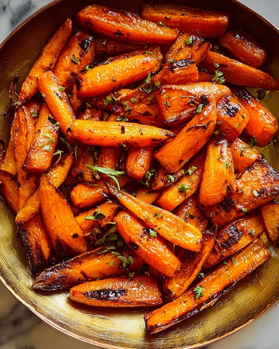 The image shows a close-up of glazed roasted carrots in a round dish, each carrot piece cut into different sizes, mostly long sticks and some chunks. The carrots have a shiny, caramelized orange glaze with light brown char marks and small green herb bits scattered on top. The dish has a metallic look with a warm tone, and the carrots fill it generously, overlapping each other. The background is a white marbled texture. photo taken with an iphone --ar 4:5 --v 7