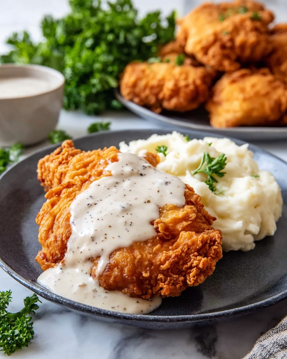 On a white marbled surface, a dark gray plate is filled with two pieces of golden-brown crispy fried chicken, topped with a thick layer of white creamy gravy speckled with black pepper. Next to the chicken is a smooth, creamy pile of white mashed potatoes. In the background, several more pieces of fried chicken sit on a white marbled texture, partially blurred. A bunch of fresh green parsley rests to the left and some parsley sprigs are placed around the plate, adding a touch of color. photo taken with an iphone --ar 4:5 --v 7